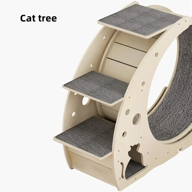 Lightweight OEM MOQ 4 In 1 Space Saving Pet Cat Treehouse Wooden Cat Sports Running Wheel With Food Bowl