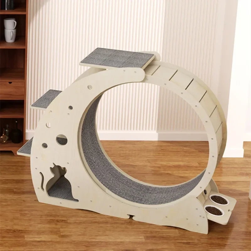Lightweight OEM MOQ 4 In 1 Space Saving Pet Cat Treehouse Wooden Cat Sports Running Wheel With Food Bowl