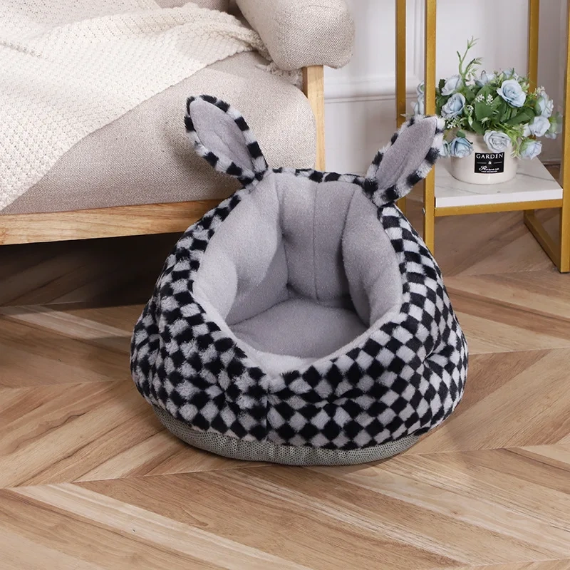 Winter Warm Small Dog Sleeping Bed Cute Rabbit Ear Cat Nest Furry Puppy Kennel Cozy and Soft Semi Closed Indoor Kitten House