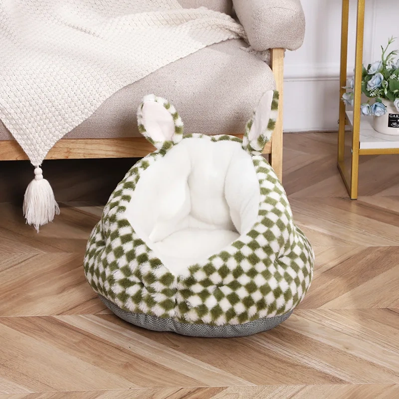 Winter Warm Small Dog Sleeping Bed Cute Rabbit Ear Cat Nest Furry Puppy Kennel Cozy and Soft Semi Closed Indoor Kitten House