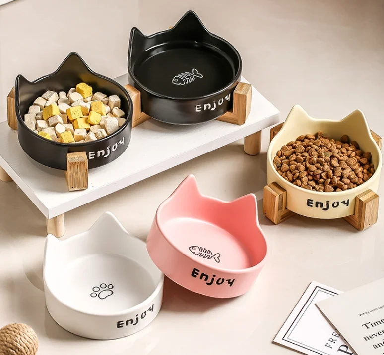 Wholesale new ceramic cat ear pet feeding bowl anti-tip
