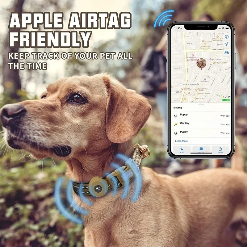 New Airtag Dog Collar Silicone Cover Anti Lost Pet Collar Nylon Reflective 360 ° Anti Entanglement for Medium Large Dogs