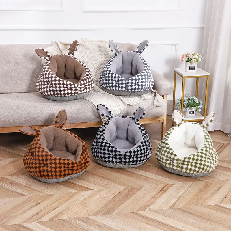 Winter Warm Small Dog Sleeping Bed Cute Rabbit Ear Cat Nest Furry Puppy Kennel Cozy and Soft Semi Closed Indoor Kitten House