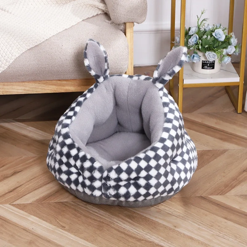 Winter Warm Small Dog Sleeping Bed Cute Rabbit Ear Cat Nest Furry Puppy Kennel Cozy and Soft Semi Closed Indoor Kitten House