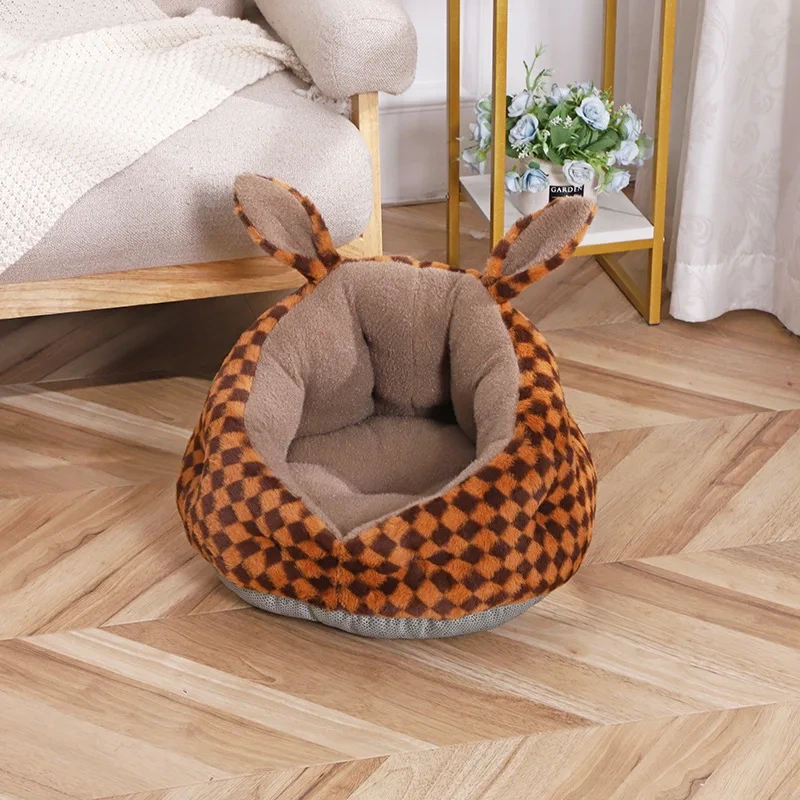 Winter Warm Small Dog Sleeping Bed Cute Rabbit Ear Cat Nest Furry Puppy Kennel Cozy and Soft Semi Closed Indoor Kitten House