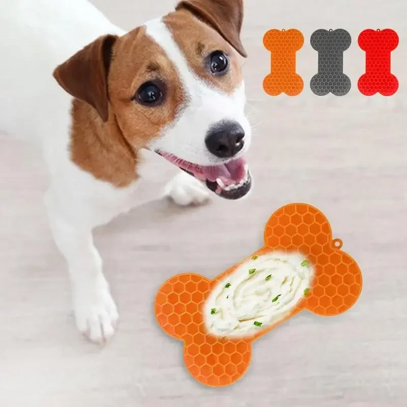 Silicone Licking Pad Mat for Pet Dogs Cats Slow Food Bowls with Suction Cup Feeding Food Bone Shape Silicone Licking Pad