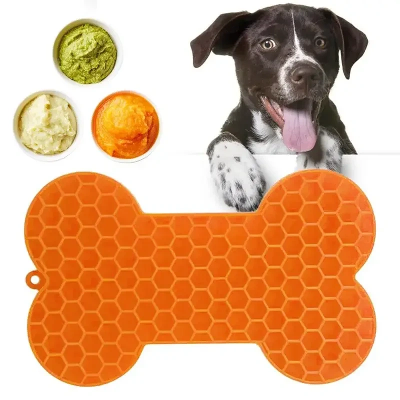 Silicone Licking Pad Mat for Pet Dogs Cats Slow Food Bowls with Suction Cup Feeding Food Bone Shape Silicone Licking Pad