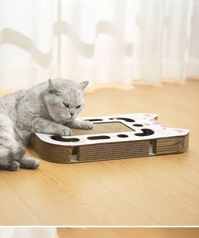 Cat face-shaped cat scratching board with bell ball hard cardboard wear-resistant sharpen a claw Colourful Feather Toys porous