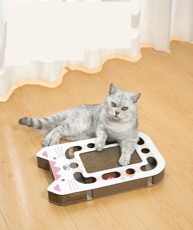 Cat face-shaped cat scratching board with bell ball hard cardboard wear-resistant sharpen a claw Colourful Feather Toys porous