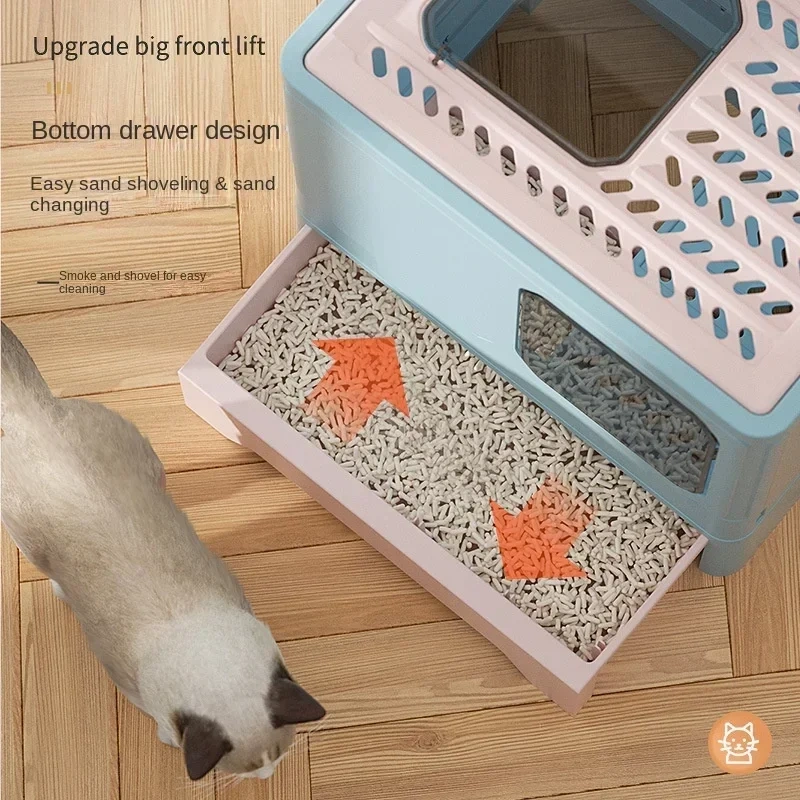 Front Entry Top Exit Cat Litter Box with Lid Foldable Large Kitty Litter Boxes Drawer type Cats Toilet Including Scoop Plastic