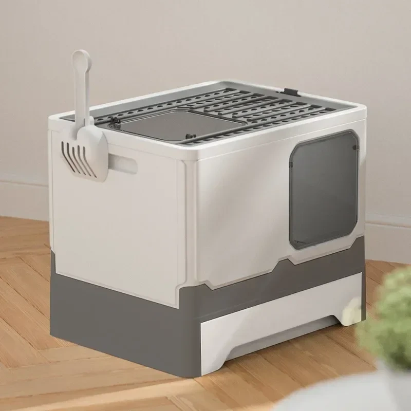 Front Entry Top Exit Cat Litter Box with Lid Foldable Large Kitty Litter Boxes Drawer type Cats Toilet Including Scoop Plastic