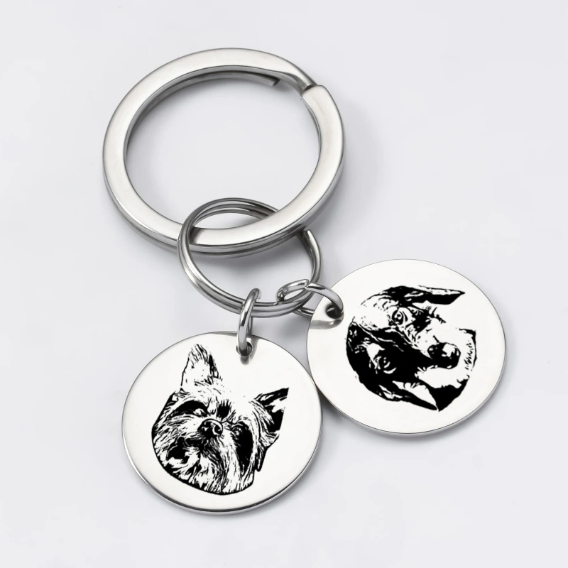Stainless Steel Custom Pet Portrait Keychain Personalized Multiple Dog Cat Photo Engraved Memorial Christmas Gifts