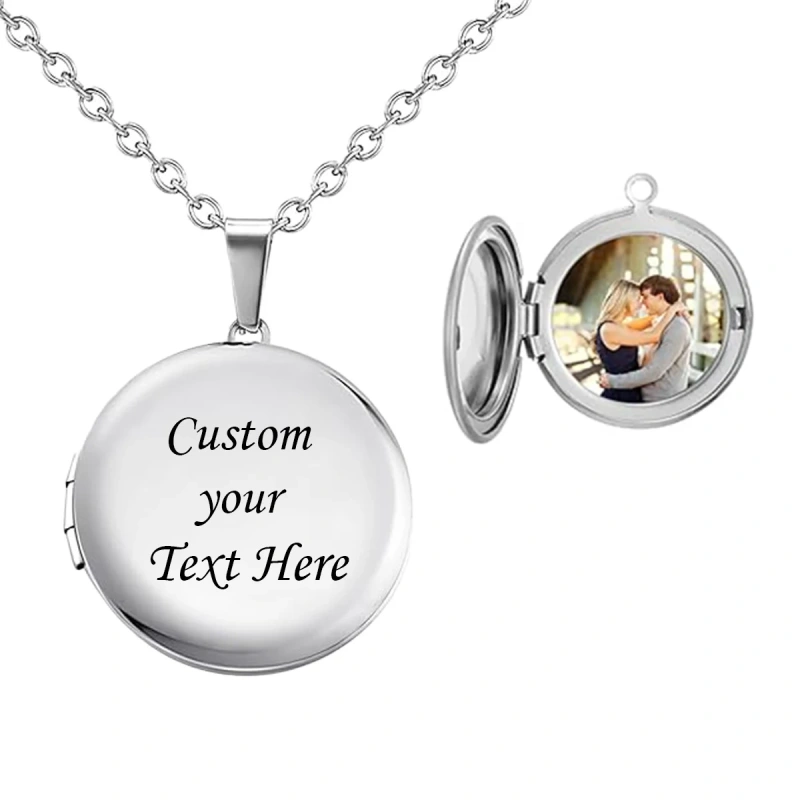 Custom Photo & Text  Stainless Steel  Locket Necklace Pendant 25mm Round Photo Locket Jewelry Gifts for Women Men 3 Colors
