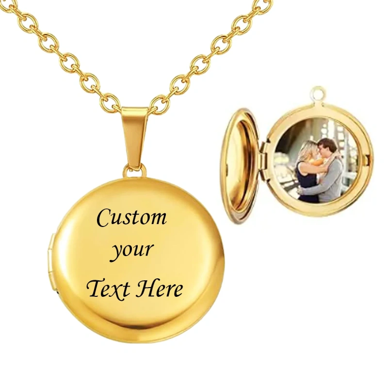 Custom Photo & Text  Stainless Steel  Locket Necklace Pendant 25mm Round Photo Locket Jewelry Gifts for Women Men 3 Colors