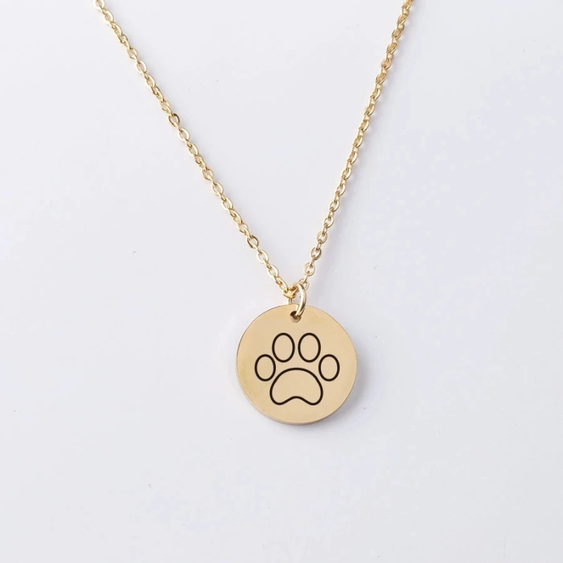 Laser Cute Dog Paw Round Disc Pendant Necklace Stainless Steel Chain Necklace For Women's Men's Gifts Jewelry