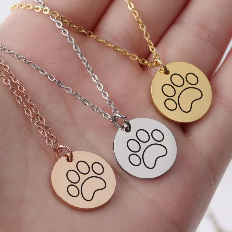 Laser Cute Dog Paw Round Disc Pendant Necklace Stainless Steel Chain Necklace For Women's Men's Gifts Jewelry