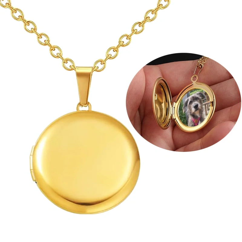 Custom Photo & Text  Stainless Steel  Locket Necklace Pendant 25mm Round Photo Locket Jewelry Gifts for Women Men 3 Colors