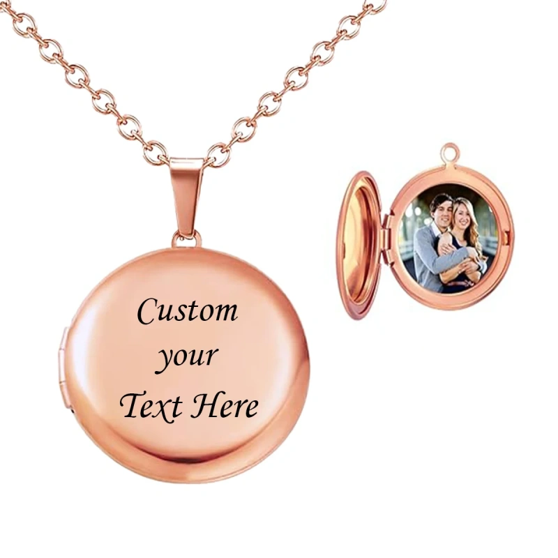 Custom Photo & Text  Stainless Steel  Locket Necklace Pendant 25mm Round Photo Locket Jewelry Gifts for Women Men 3 Colors