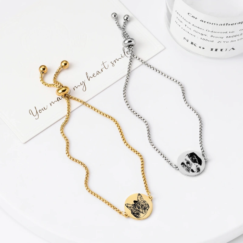 Stainless Steel Adjustable Custom Engrave Picture Couple Boho Bracelets Chains for Women's Pendant Bracelet Jewelry Gifts