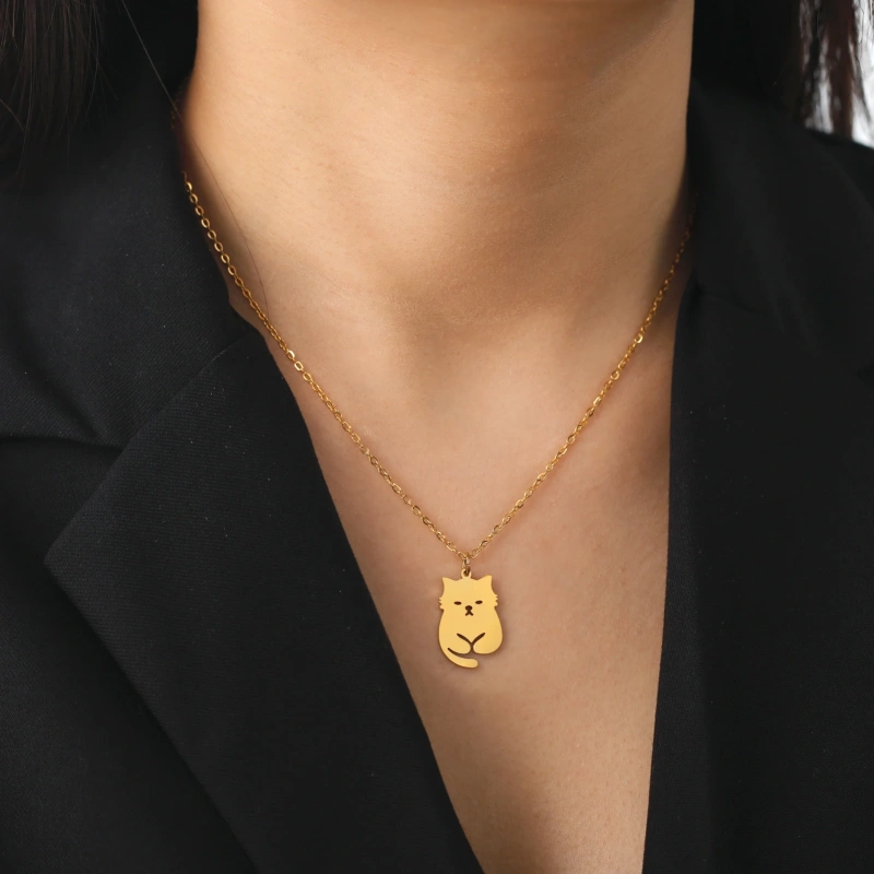 Cute Cat Pendant Necklace Fashion Animal Creative Happy Cat Chain Jewelry Stainless Steel Kitten Pet Lovers Gift for Women Girls