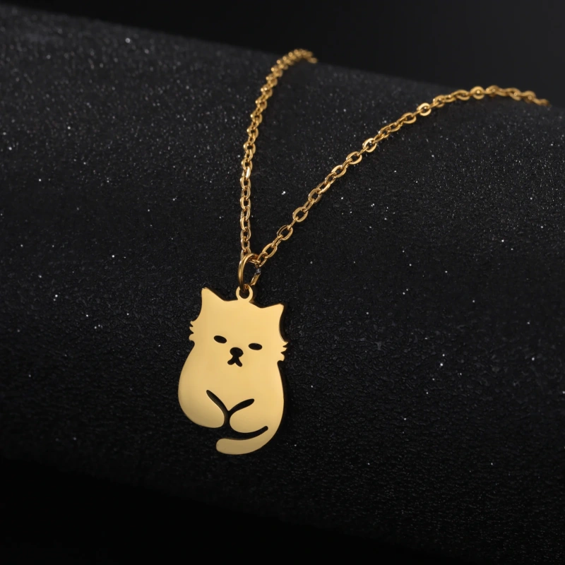 Cute Cat Pendant Necklace Fashion Animal Creative Happy Cat Chain Jewelry Stainless Steel Kitten Pet Lovers Gift for Women Girls