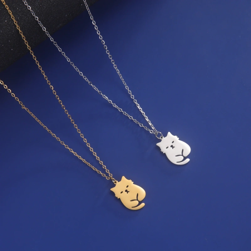 Cute Cat Pendant Necklace Fashion Animal Creative Happy Cat Chain Jewelry Stainless Steel Kitten Pet Lovers Gift for Women Girls