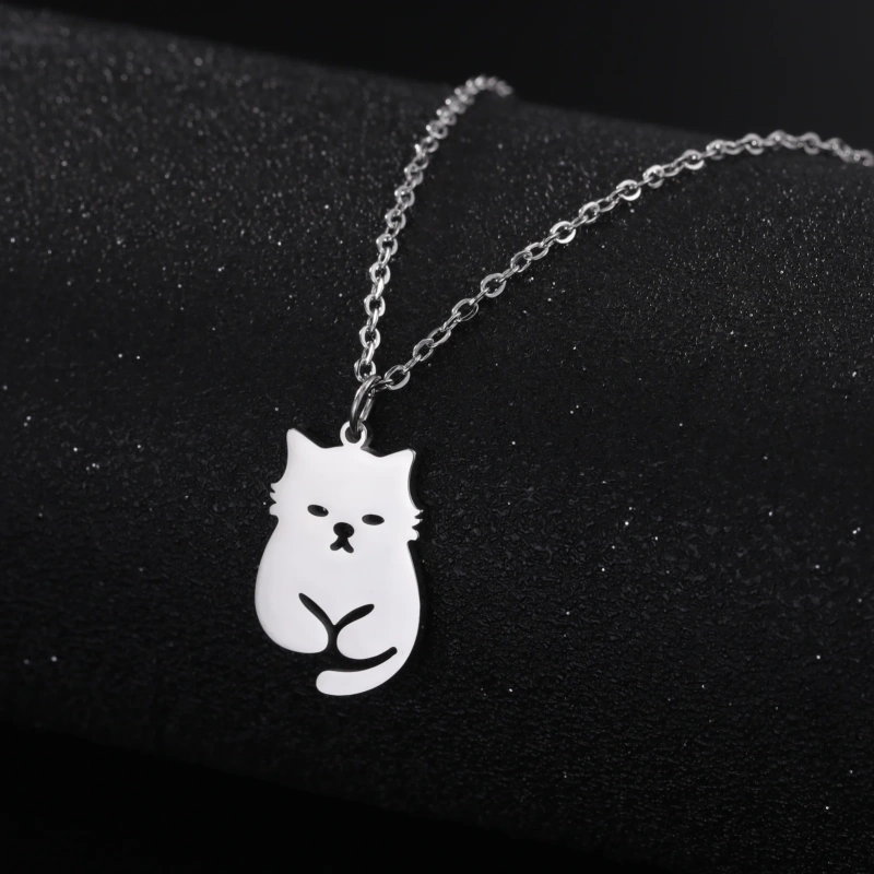 Cute Cat Pendant Necklace Fashion Animal Creative Happy Cat Chain Jewelry Stainless Steel Kitten Pet Lovers Gift for Women Girls