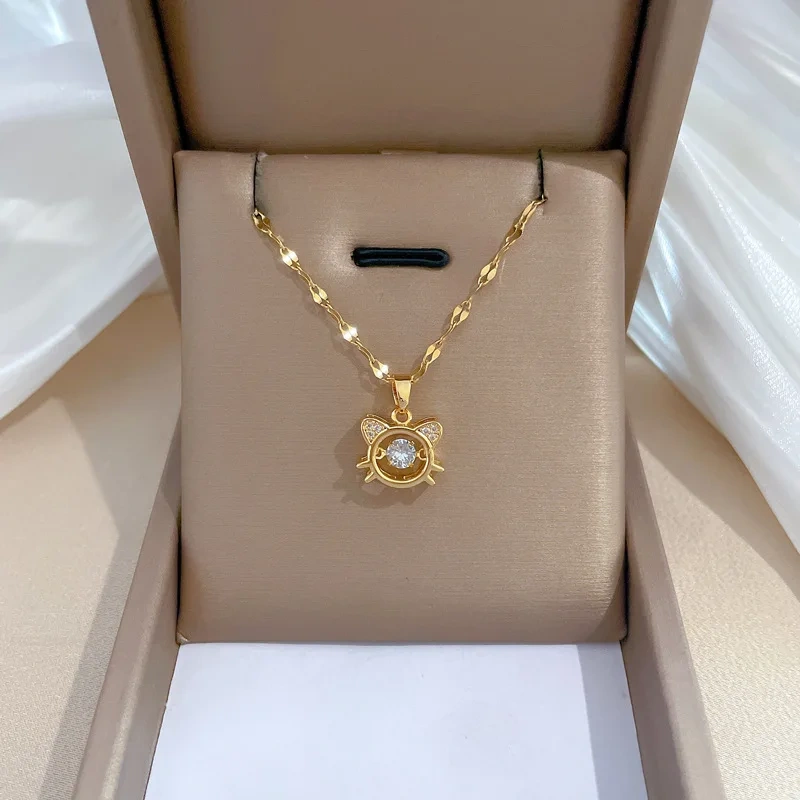 Cute Zircon Kitten Cat Pendant Necklaces for Women Girls Stainless Steel Chain Lovely Collar Accessories Jewelry Gifts