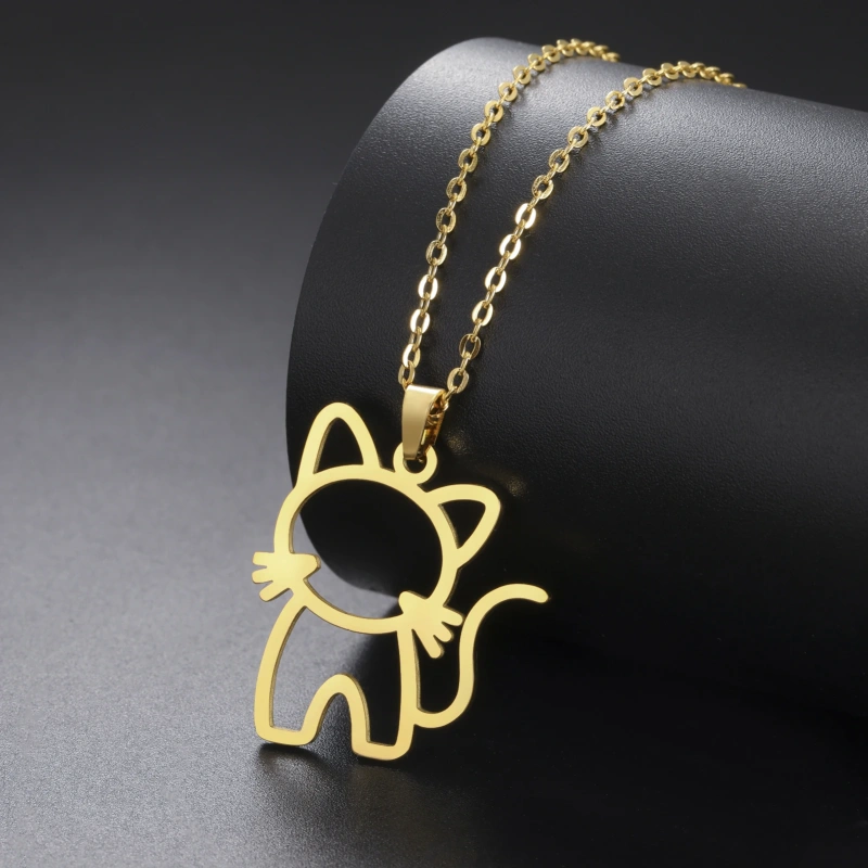 Fishhook Cute Cat Necklace for Men Woman Kid Child Animal Family Chain Hollow Gold Color Stainless Steel Pendant Gift Jewelry