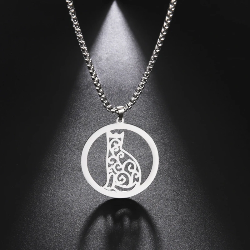 Cutout Curly Pattern Cat Pendant Necklace Stainless Steel Box Chain Necklace for Men Women Trend Jewelry for Party Gift