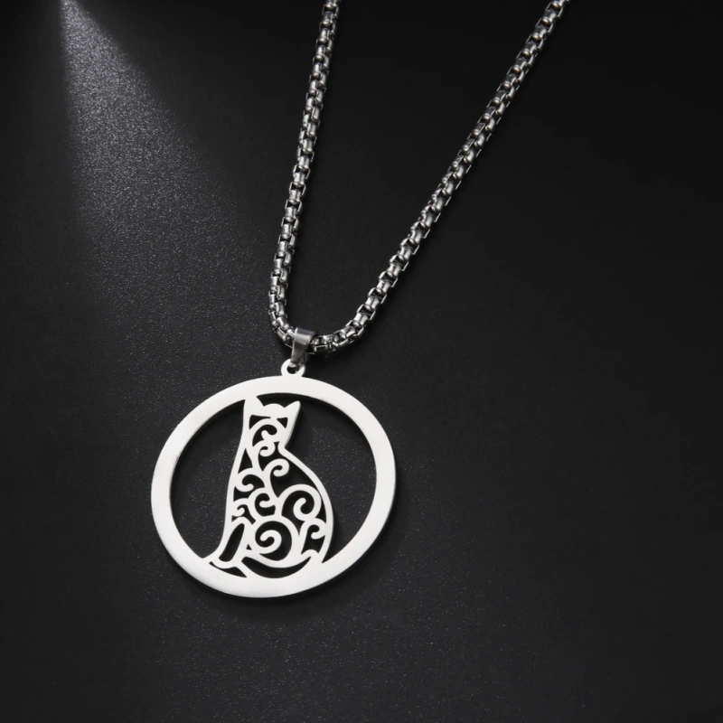Cutout Curly Pattern Cat Pendant Necklace Stainless Steel Box Chain Necklace for Men Women Trend Jewelry for Party Gift
