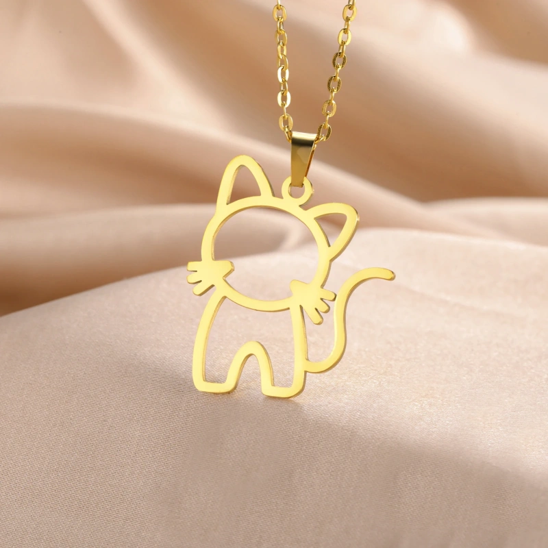 Fishhook Cute Cat Necklace for Men Woman Kid Child Animal Family Chain Hollow Gold Color Stainless Steel Pendant Gift Jewelry