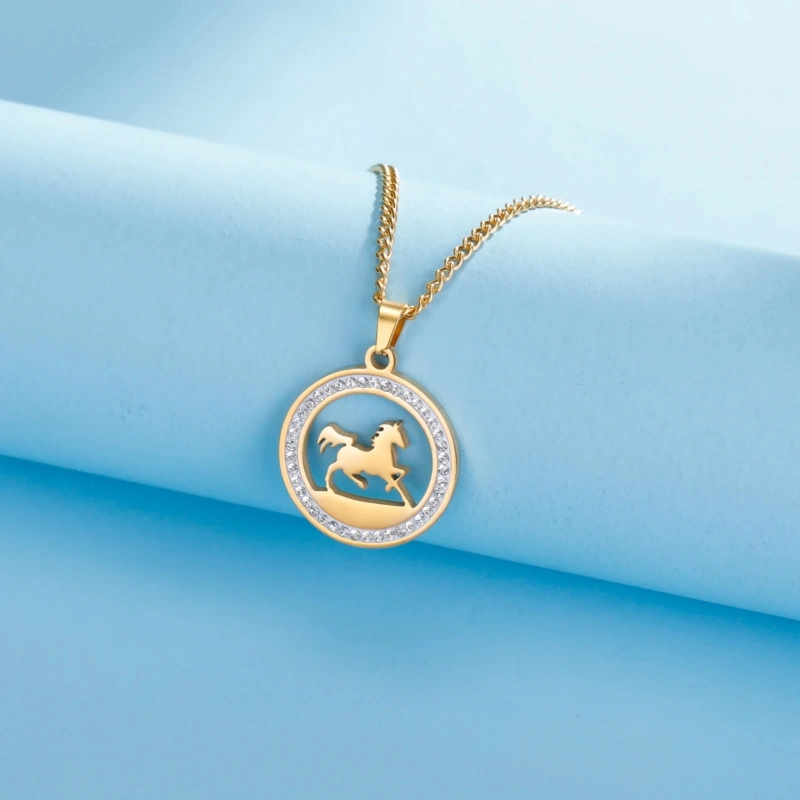 Skyrim Stainless Steel Running Horse Round Pendant Necklace Women Girls Neck Chain Fashion Jewelry Birthday Gift for Horse Lover