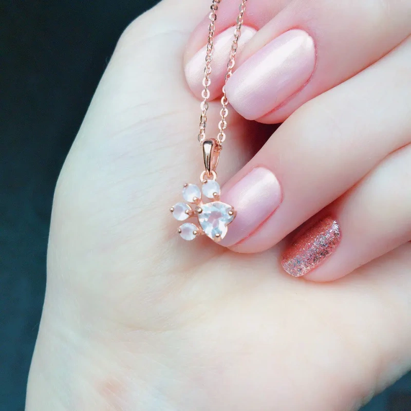 Pendant Necklace For Women Bear's Paw Cat's paw 5mm 100% Natural Gemstone Clear Quartz Chain 925 Sterling Silver Fine Jewelry