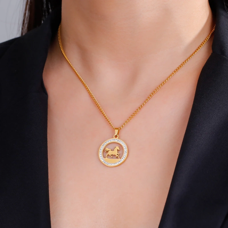 Skyrim Stainless Steel Running Horse Round Pendant Necklace Women Girls Neck Chain Fashion Jewelry Birthday Gift for Horse Lover