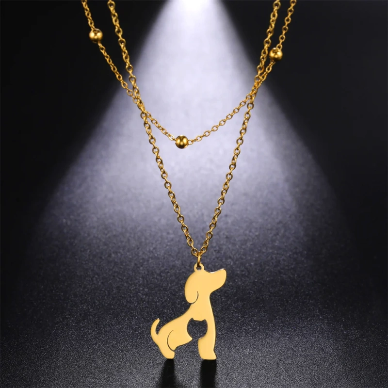 Hollow Cat Dog Pendant Necklace Double Layer Chains Choker Cute Animal Kitten Women's Necklace Stainless Steel Jewelry Wholesale