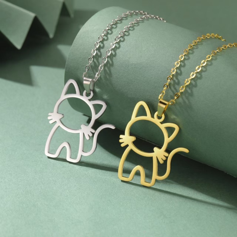 Cute Cat Necklace for Men Woman Kid Child Animal Family Chain Hollow Gold Color Stainless Steel Pendant Gift Jewelry
