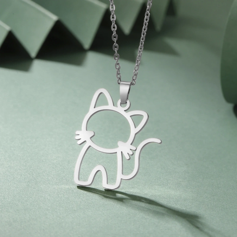 Fishhook Cute Cat Necklace for Men Woman Kid Child Animal Family Chain Hollow Gold Color Stainless Steel Pendant Gift Jewelry