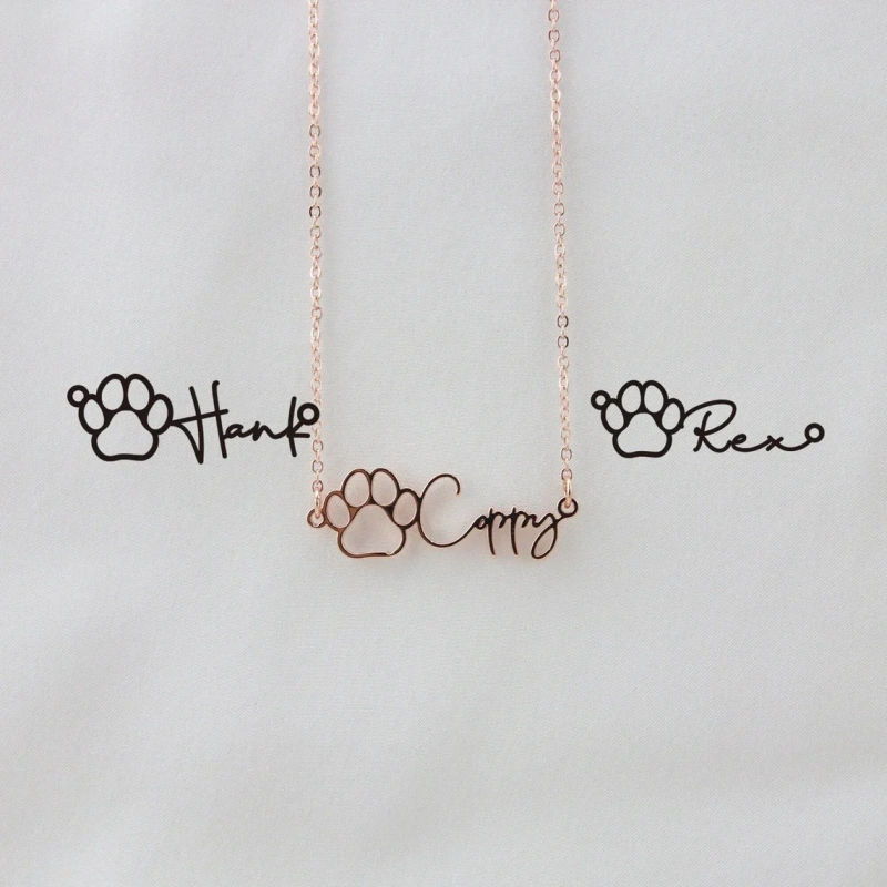 Personalized Name Necklace Dog Paw Necklace Personalized Handwriting  Print Initial Bone Pet Charm Jewelry Gift