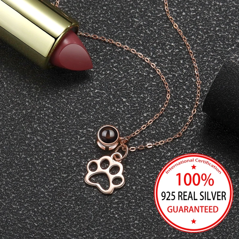 S925 Silvery Custom Color Picture Projection Necklace Simple Dog Paw Pendant For Mom Girlfriend Valentine Birthday Romantic Gift