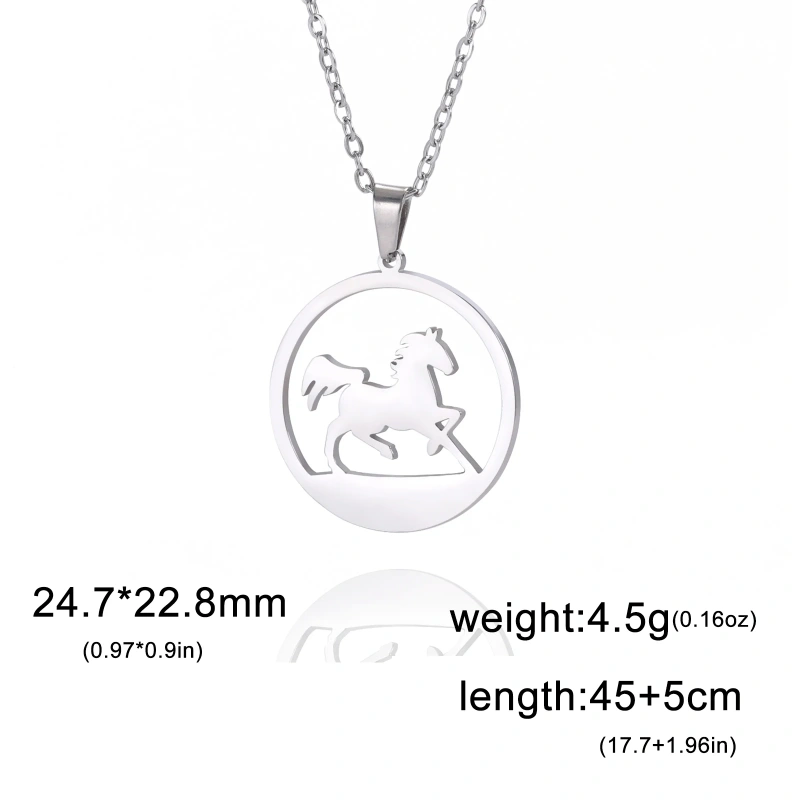 Skyrim Stainless Steel Running Horse Round Pendant Necklace Women Girls Neck Chain Fashion Jewelry Birthday Gift for Horse Lover