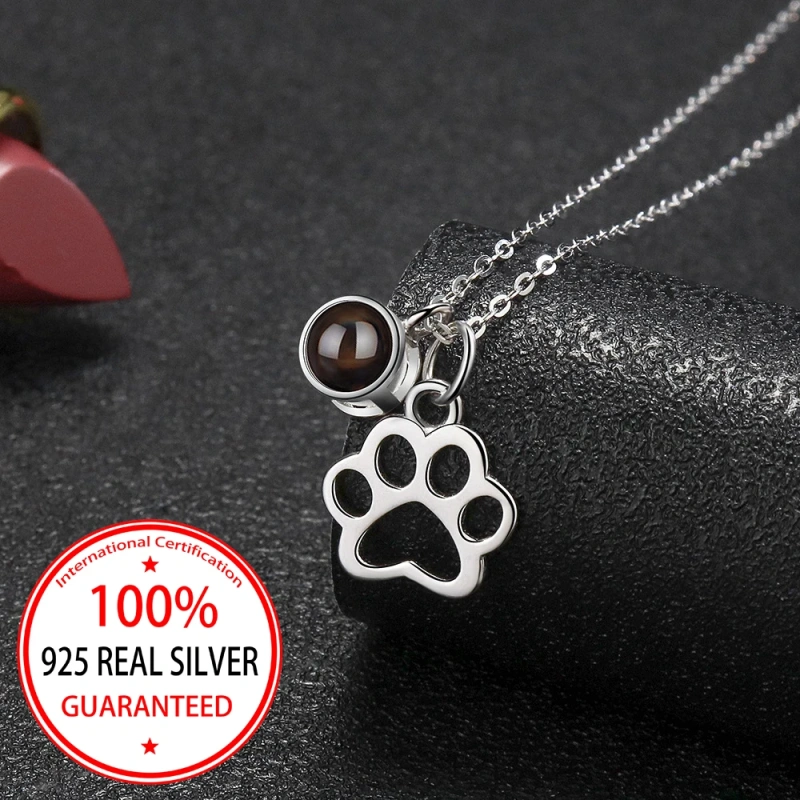 S925 Silvery Custom Color Picture Projection Necklace Simple Dog Paw Pendant For Mom Girlfriend Valentine Birthday Romantic Gift
