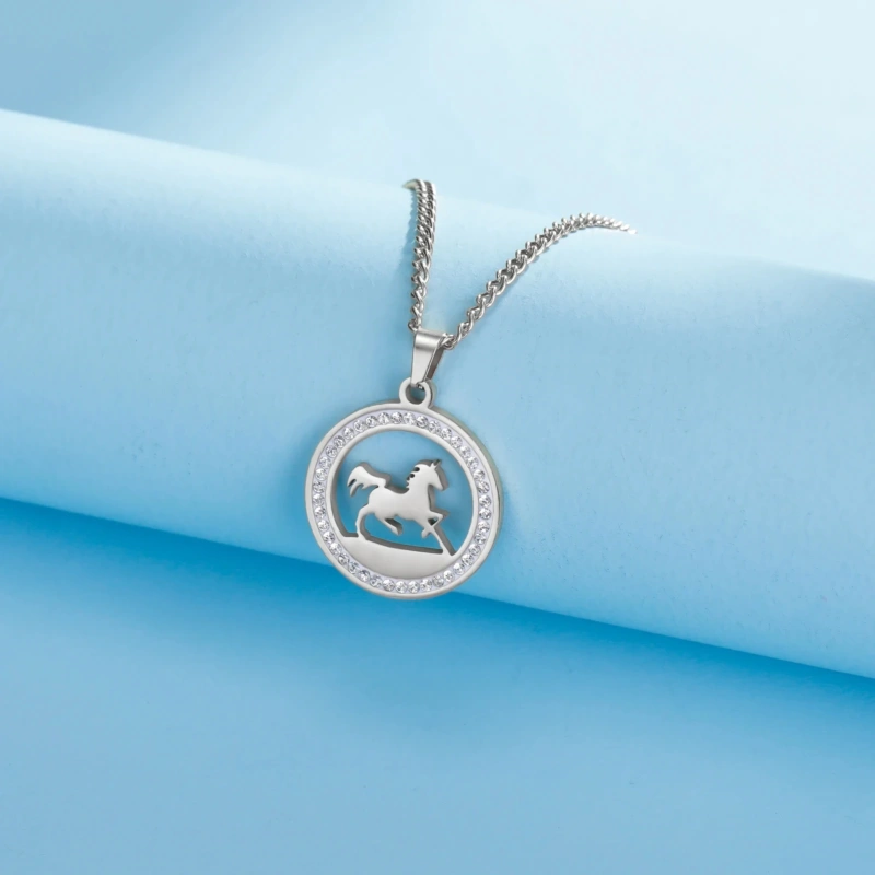 Skyrim Stainless Steel Running Horse Round Pendant Necklace Women Girls Neck Chain Fashion Jewelry Birthday Gift for Horse Lover