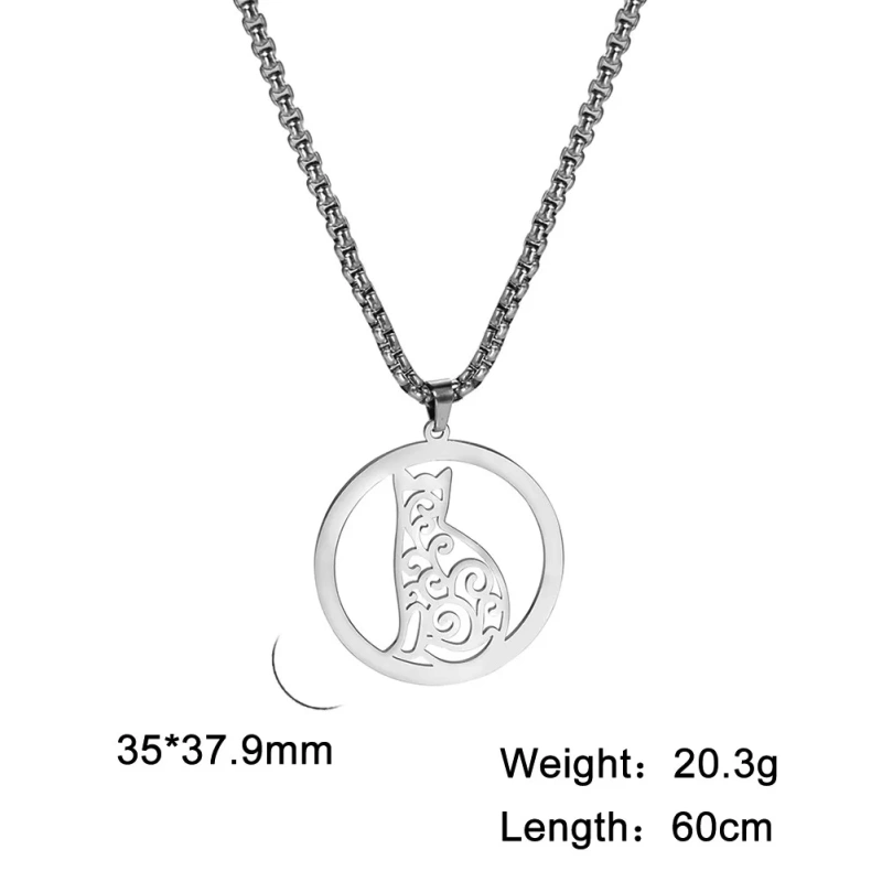 Cutout Curly Pattern Cat Pendant Necklace Stainless Steel Box Chain Necklace for Men Women Trend Jewelry for Party Gift