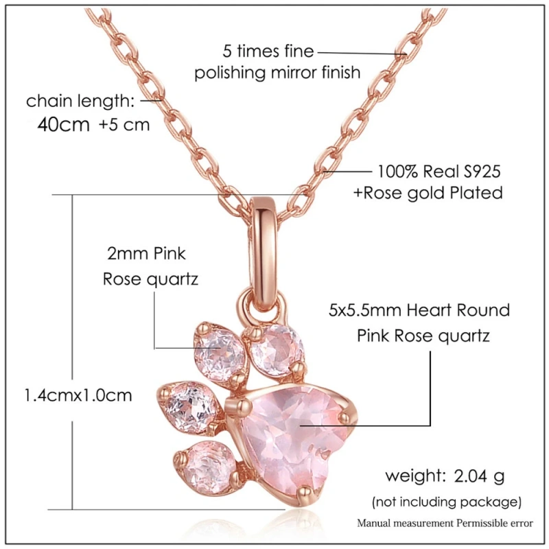 Pendant Necklace For Women Bear's Paw Cat's paw 5mm 100% Natural Gemstone Clear Quartz Chain 925 Sterling Silver Fine Jewelry