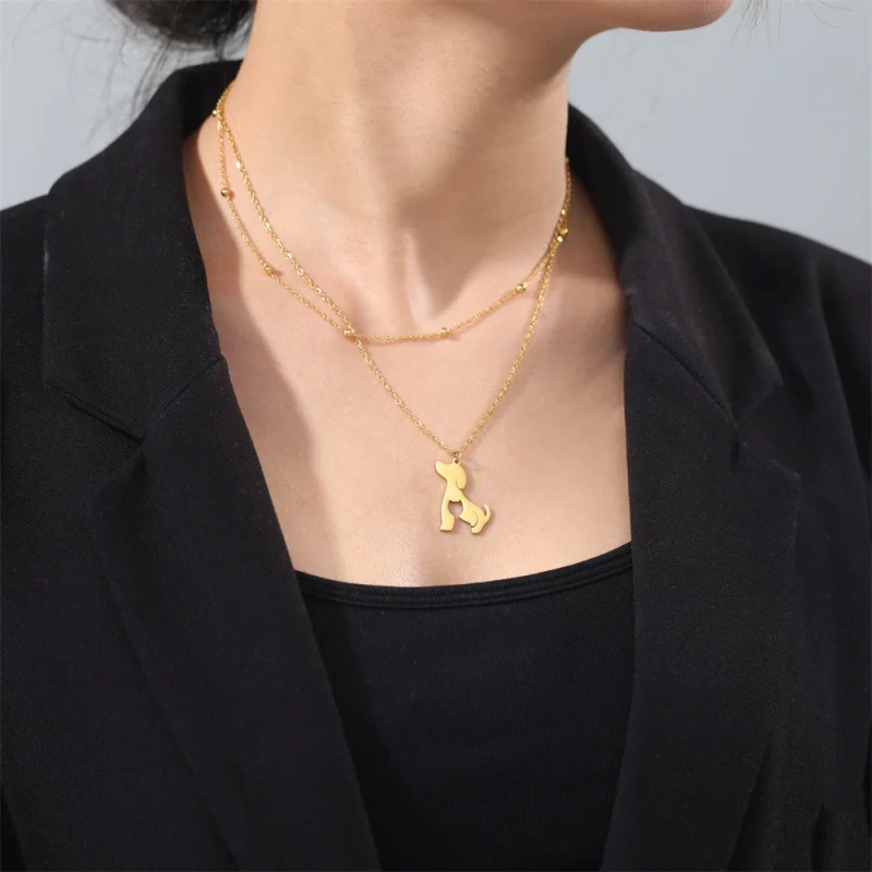 Hollow Cat Dog Pendant Necklace Double Layer Chains Choker Cute Animal Kitten Women's Necklace Stainless Steel Jewelry Wholesale