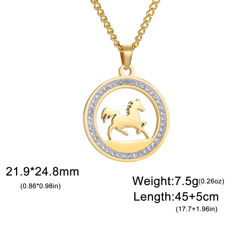 Skyrim Stainless Steel Running Horse Round Pendant Necklace Women Girls Neck Chain Fashion Jewelry Birthday Gift for Horse Lover