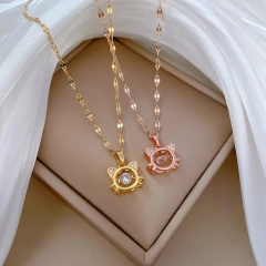 Cute Zircon Kitten Cat Pendant Necklaces for Women Girls Stainless Steel Chain Lovely Collar Accessories Jewelry Gifts