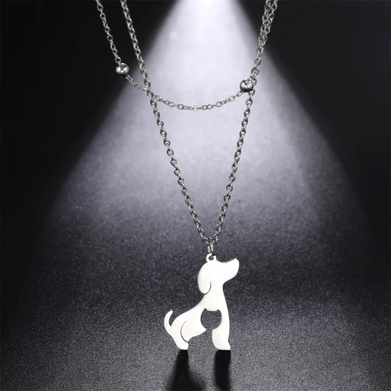 Hollow Cat Dog Pendant Necklace Double Layer Chains Choker Cute Animal Kitten Women's Necklace Stainless Steel Jewelry Wholesale