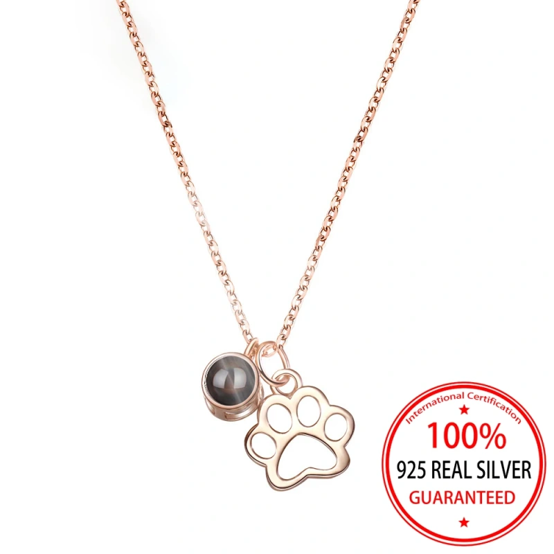 S925 Silvery Custom Color Picture Projection Necklace Simple Dog Paw Pendant For Mom Girlfriend Valentine Birthday Romantic Gift